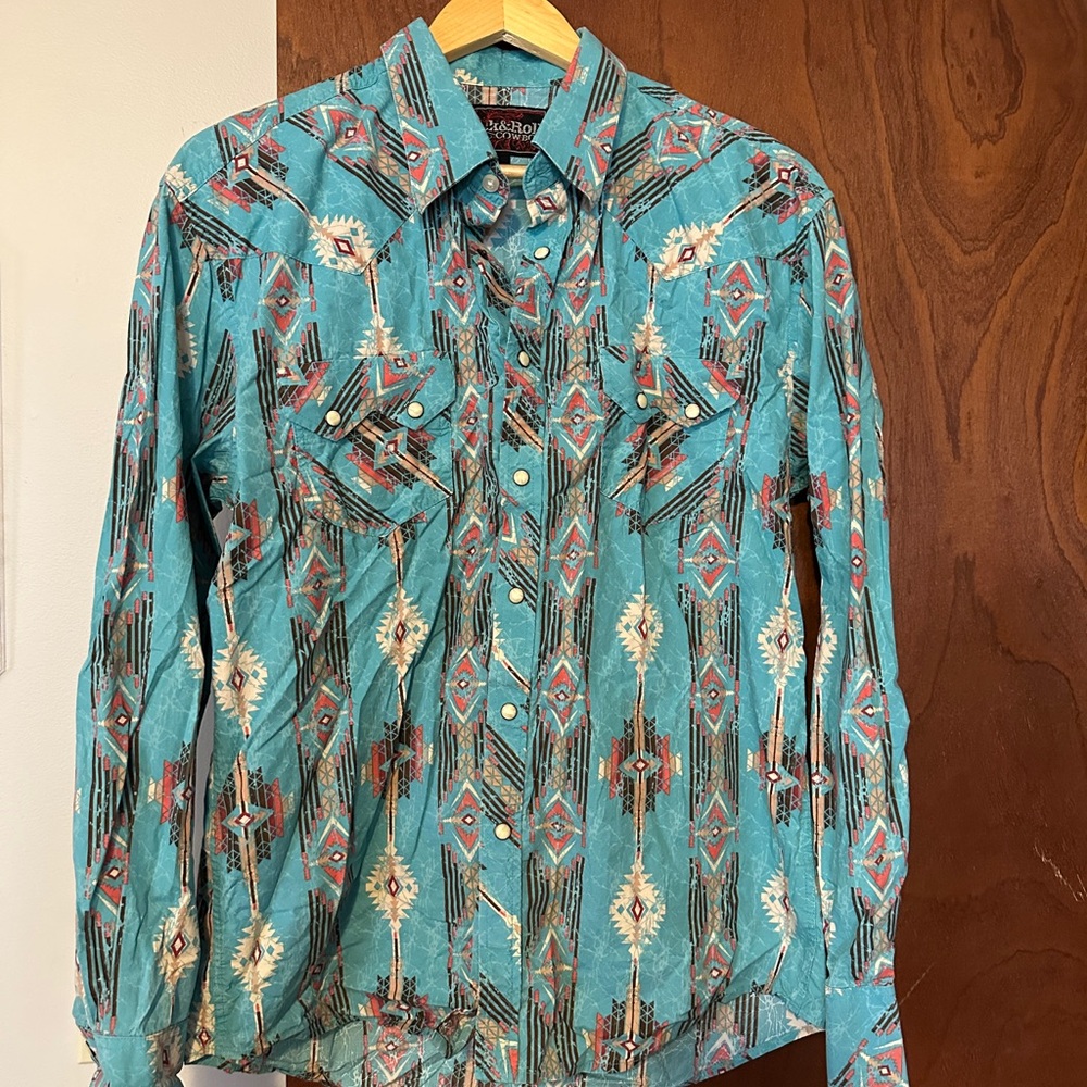 Panhandle Slim Turquoise and Red Patterned Casual Button Down Shirt